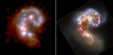 <b>Fig.2:</b> (a) PACS 70, 100, 160 µm composite image of the Antennae Galaxy (Arp 244). (b) HST colour composite image of the same object.