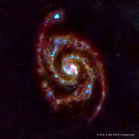 <b>Fig.7:</b> Image of M51 obtained as the first scientific HERSCHEL image during the so called <i>Sneak Preview</i>, immediately after cryo cover opening, on HERSCHEL's 32nd operational day. This composite image has been created from images in the three PACS bands at 70, 100, and 160 μm.