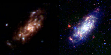 <b>Fig.3:</b> (a) PACS 70, 100, 160 µm composite image of the first KINGFISH SDP-target NGC 4559 at a distance of 15 Mpc. (b) SPITZER 3.6, 8 and 24 µm composite for comparison.